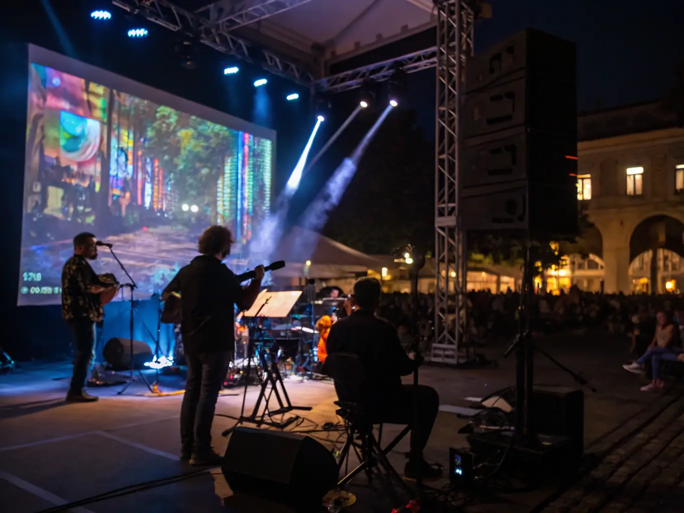 A dynamic image capturing a live performance that combines music and visual arts, with musicians and visual artists collaborating on stage to create a unique and immersive artistic experience, exemplifying MUSIQUES A IMAGES's commitment to innovative and interdisciplinary art forms.