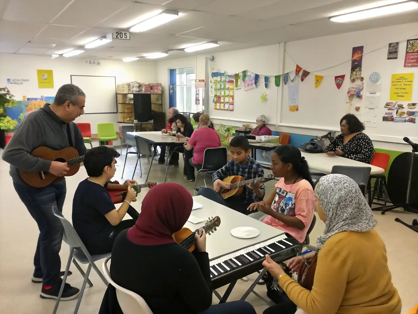 A vibrant image showcasing a community music workshop, with participants of all ages engaged in playing various instruments and creating collaborative music pieces, reflecting the inclusive and engaging nature of MUSIQUES A IMAGES's music programs.