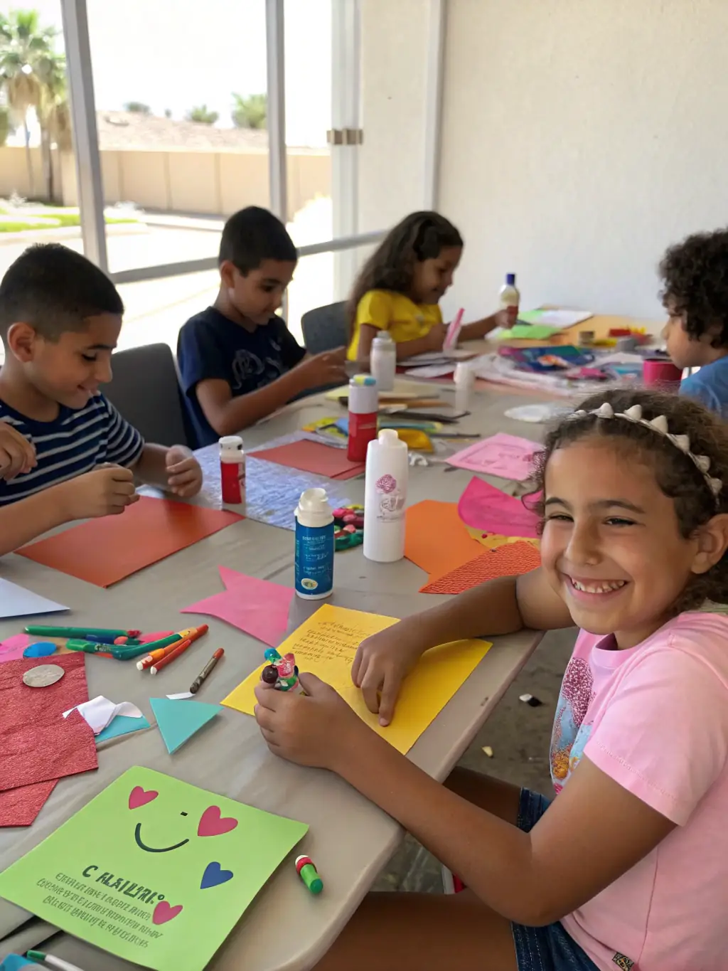 A vibrant image of children participating in a music workshop, surrounded by colorful instruments and art supplies, showcasing the joy and creativity fostered by MUSIQUES A IMAGES' programs.