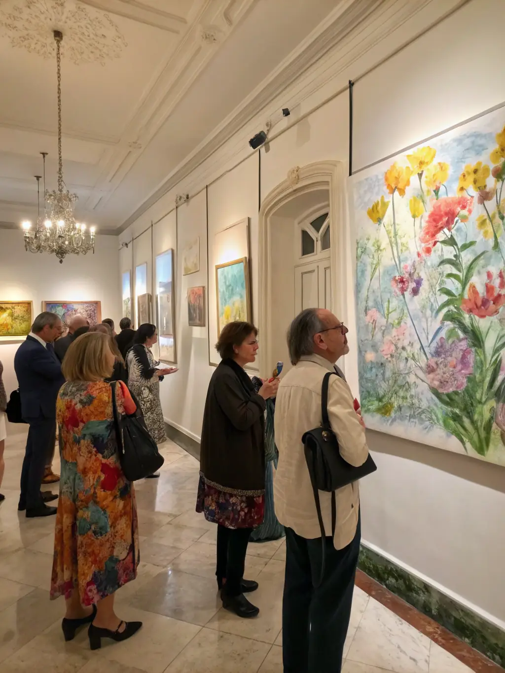 A photo of an art exhibition featuring artwork inspired by classical music, with attendees admiring the pieces and discussing the connection between the visual and auditory arts.