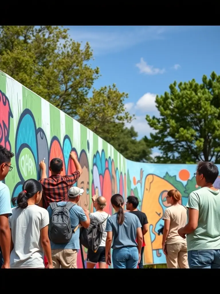 A picture of a community event where people of all ages are participating in a collaborative mural painting project, accompanied by live acoustic music.