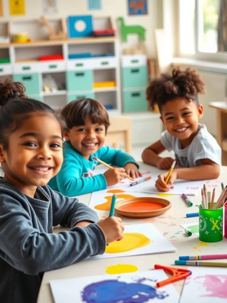 An image of children participating in a music and art workshop, where they are painting musical instruments and creating artwork inspired by the sounds they hear.